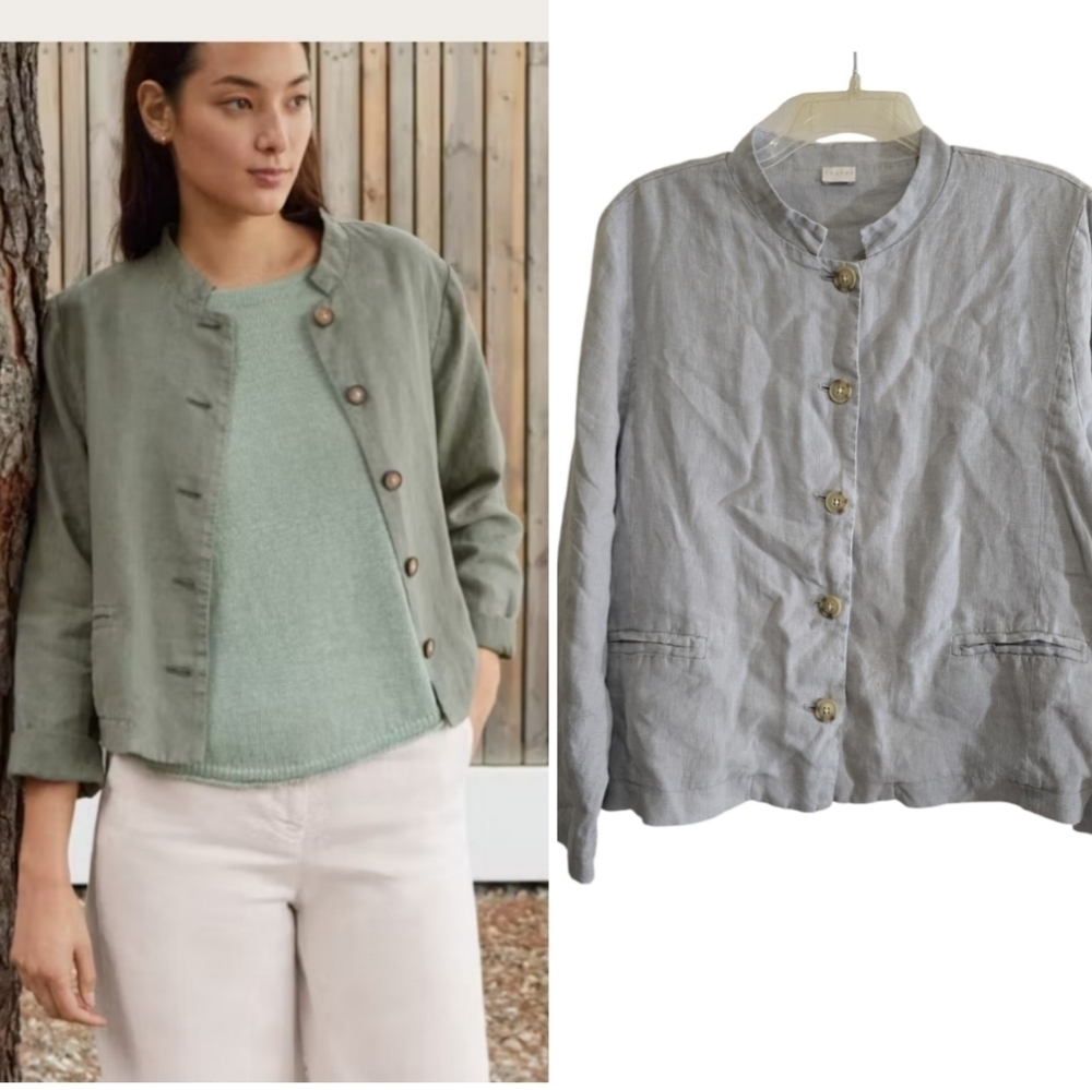 Poetry Boxy Linen Jacket Garment-dyed 12 Light Gray Button Front Back Tie